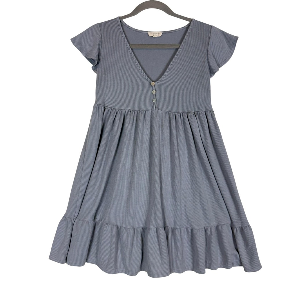 See You Monday Dress Juniors S Blue V Neck Ruffle Hem Knit Short Sleeve Swing